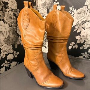 BCBG Tan Leather Western Boots